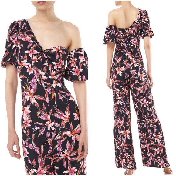 AMUR Black Floral Asymmetrical Puff-Sleeve Wide Leg Jax Jumpsuit - Picture 1 of 6